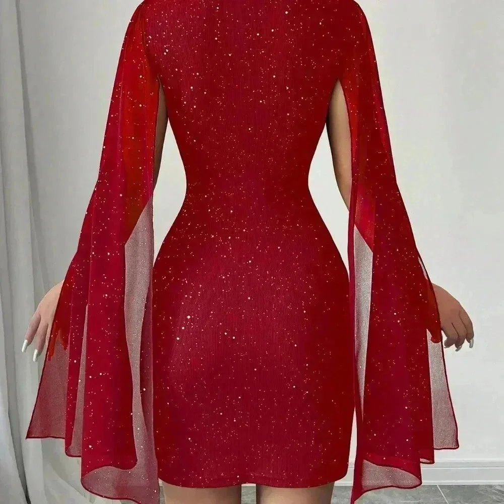 Red Party Women's Fitted Short Casual Mock Neck Flared Sleeve Bodycon Dress